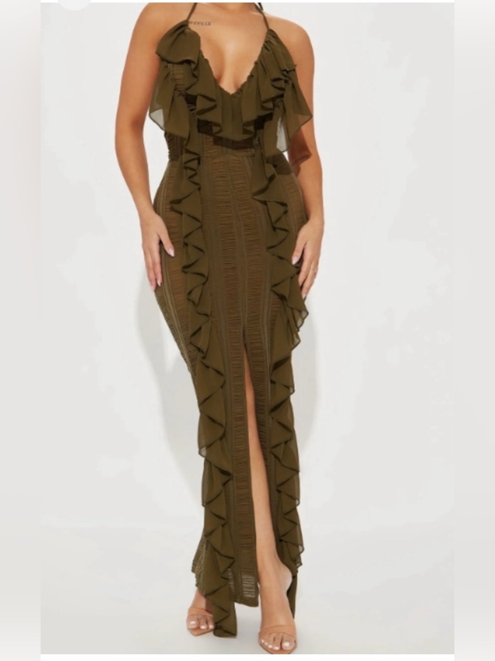 Fashion Nova Olive Ruffle Maxi Skirt